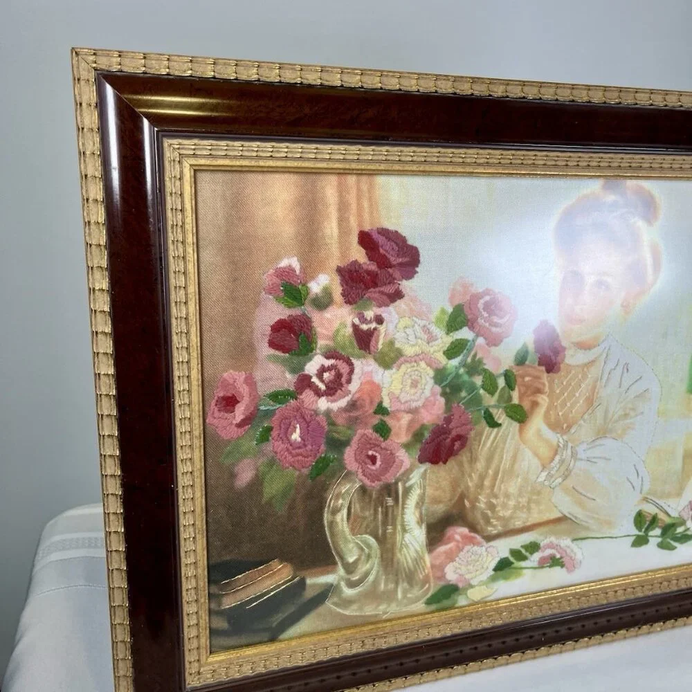 Vintage 3D Embroidered Canvas Victorian Woman W/ Pink Flowers Gold Gilt Framed
